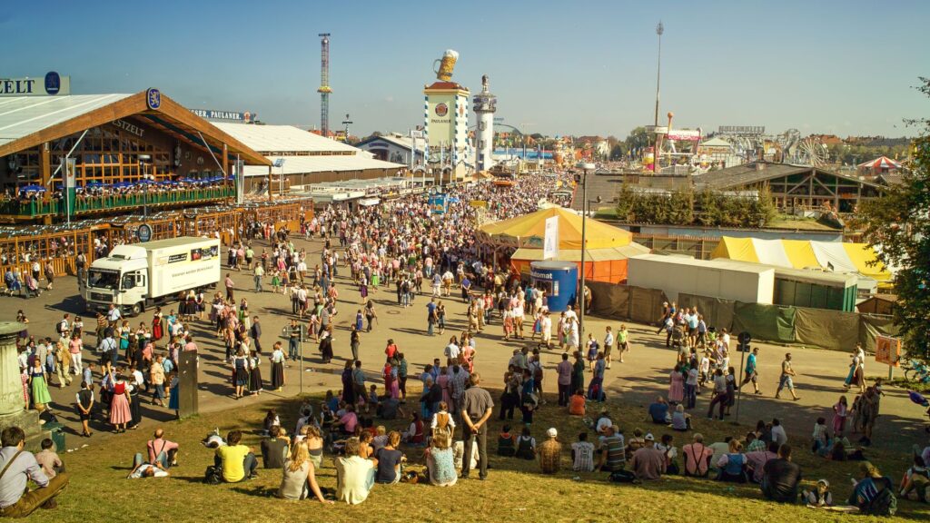 Crowd inside a beer tent at Oktoberfest in Munich